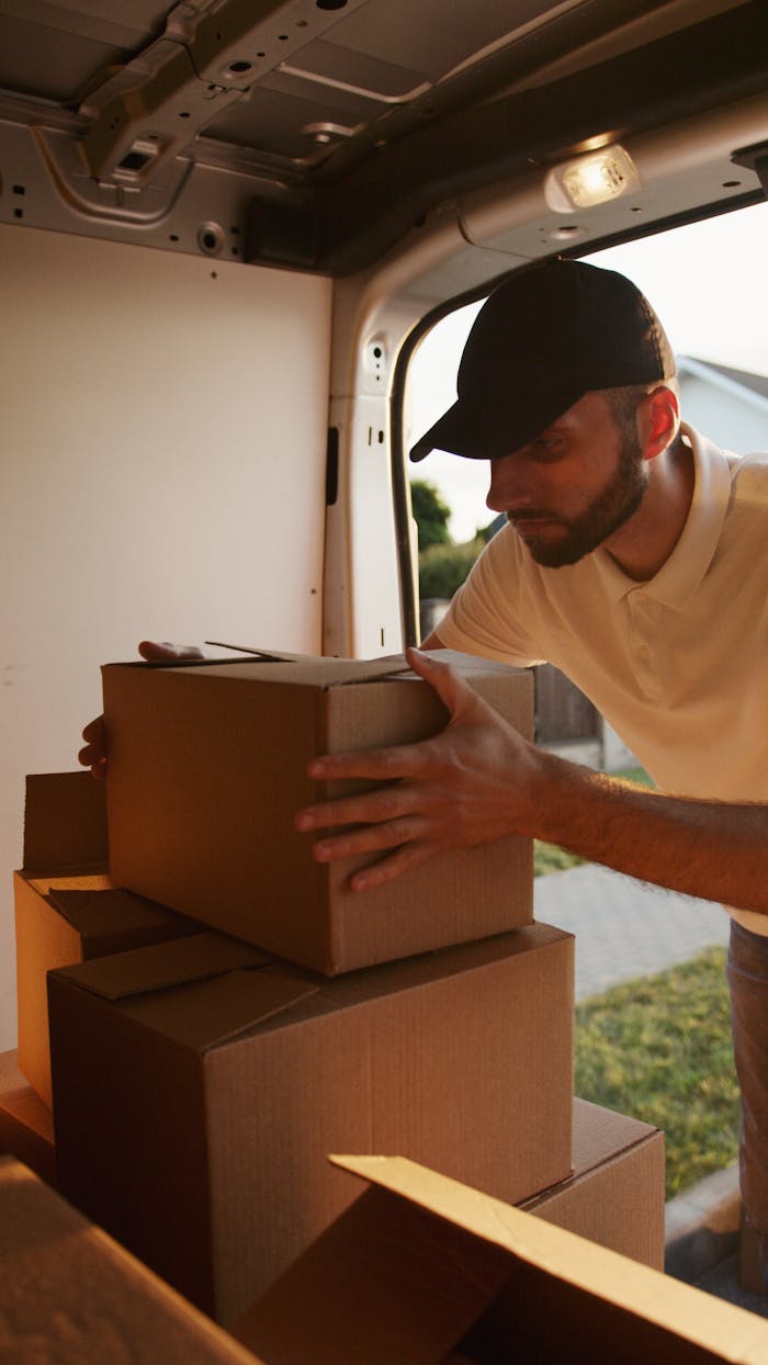 Male courier loads boxes into a delivery van during sunset, highlighting the logistics process.