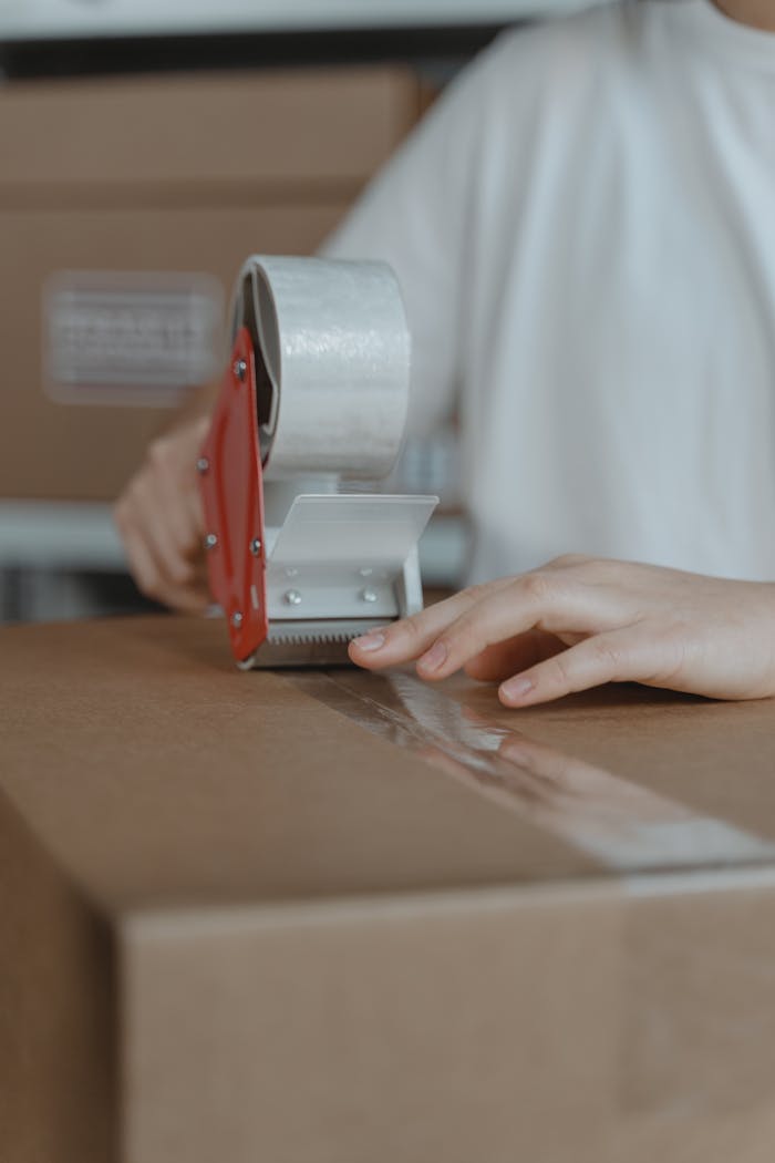 my-steps A person sealing a cardboard box with a tape dispenser in an indoor setting.